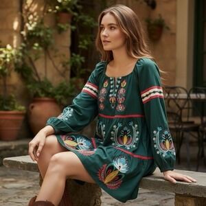 Anthropologie Let Me Be Embroidered Tunic Mini Dress Size XS Green Long Sleeve